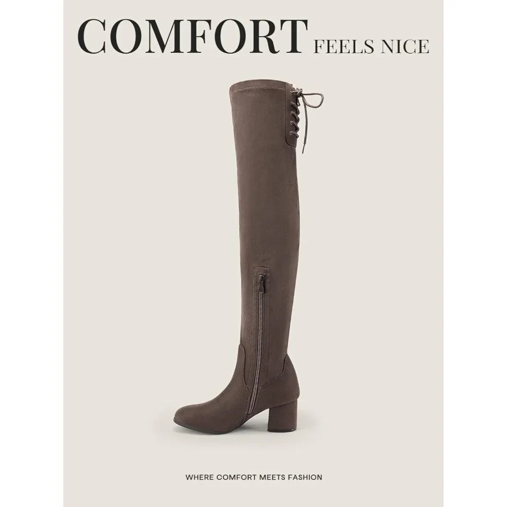 Women's Khaki Faux Leather Over The Knee Thigh High Chunky Heel Long Boots